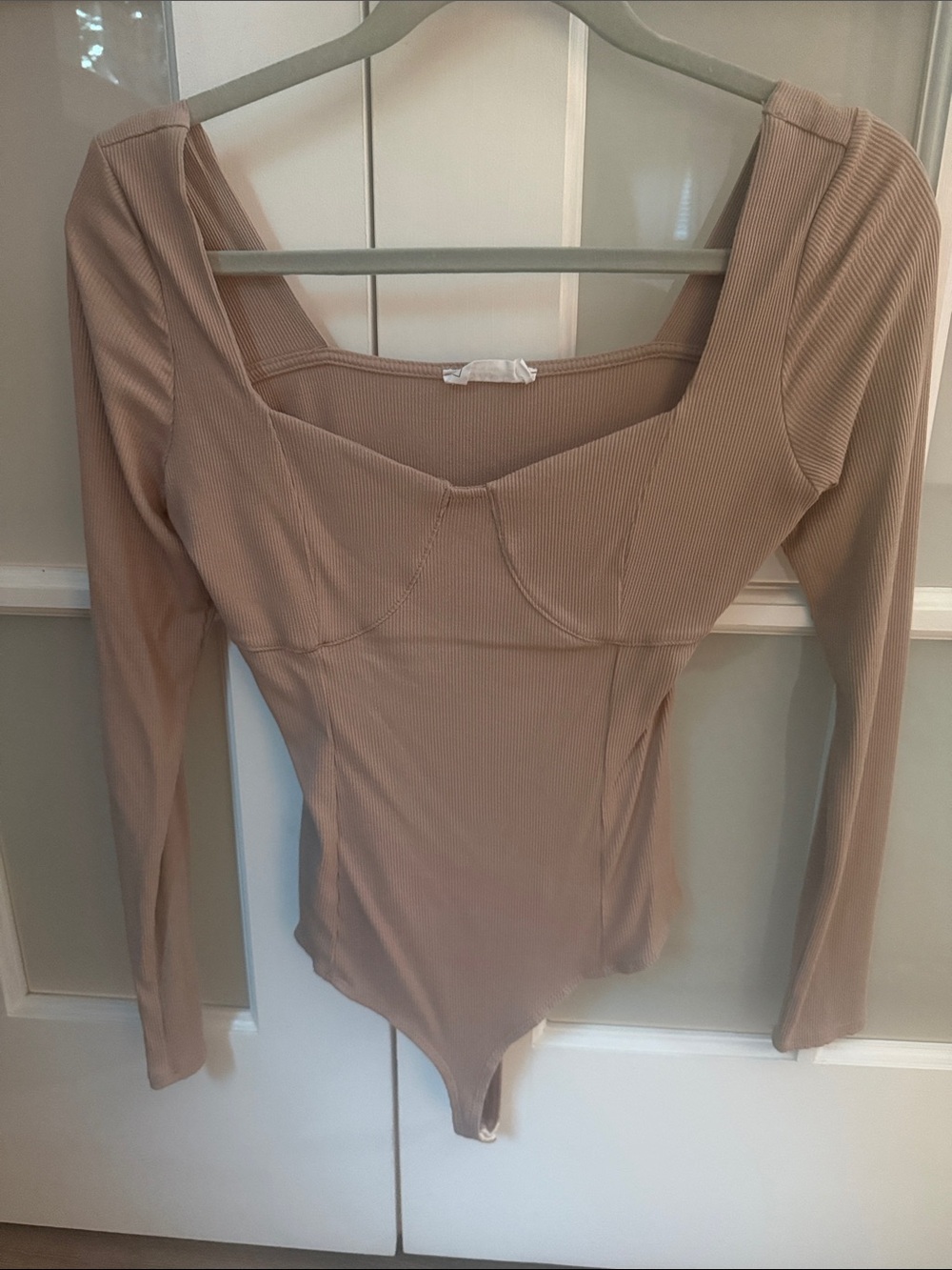 Sage Ribbed Long-Sleeve Square Neck Bodysuit - Taupe